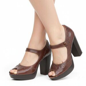 MIA Leather Mary Jane Platform Pumps Y2K Brown Peeptoe Chunky Heels Retro Mod